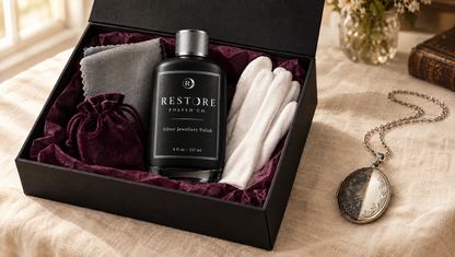 Restore gift box with polish, polishing cloth, velvet pouch and cotton gloves beside a half-polished silver locket