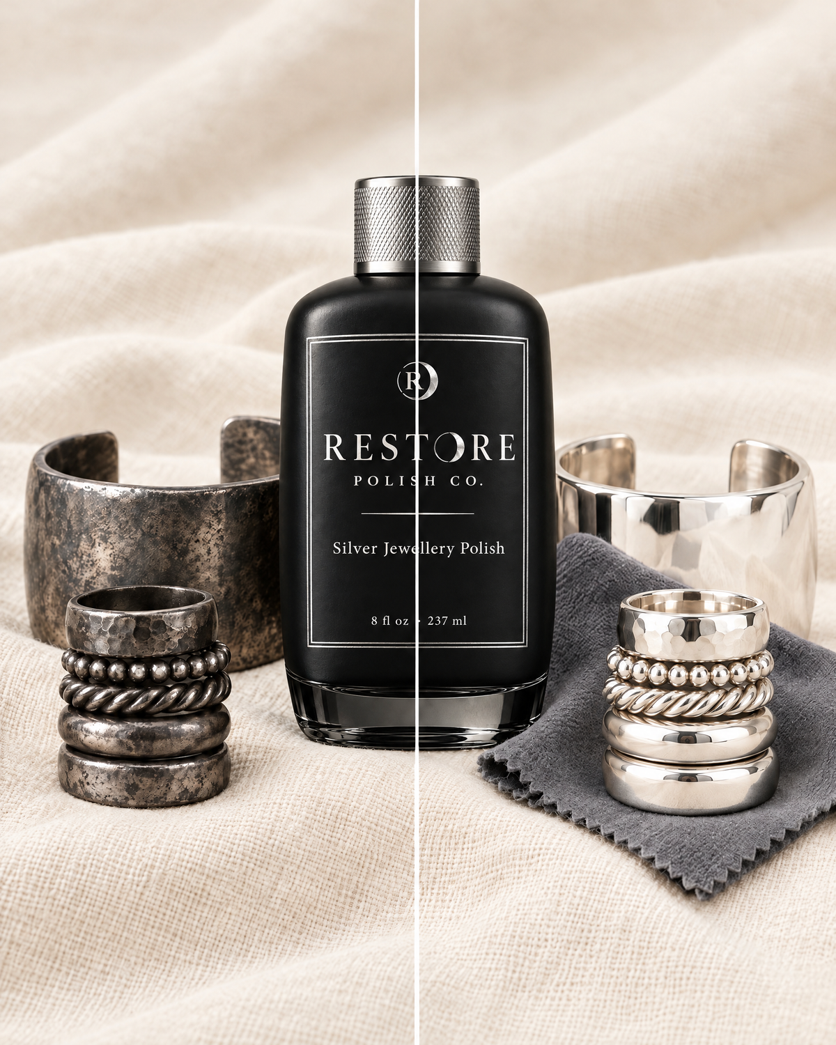 Stacked silver rings and a cuff, tarnished on the left and polished on the right, with the Restore bottle and a polishing cloth