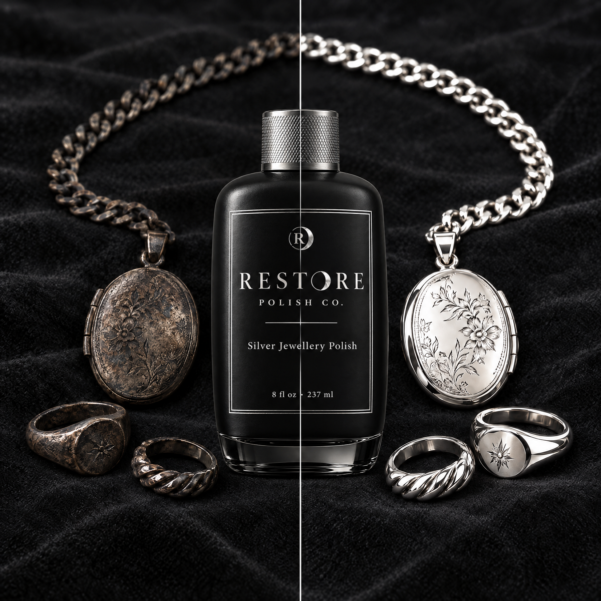 Silver locket, chain and rings split down the middle: tarnished black on the left, polished bright on the right, with the Restore bottle in the centre