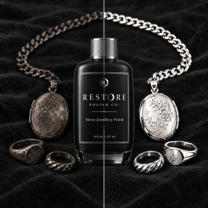 Silver locket, chain and rings split down the middle: tarnished black on the left, polished bright on the right, with the Restore bottle in the centre