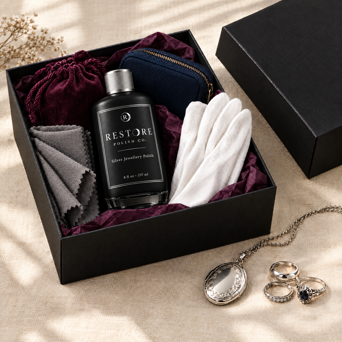 Heirloom Collection gift box: polish, cloths, velvet pouch, anti-tarnish bag and cotton gloves beside a silver locket and rings