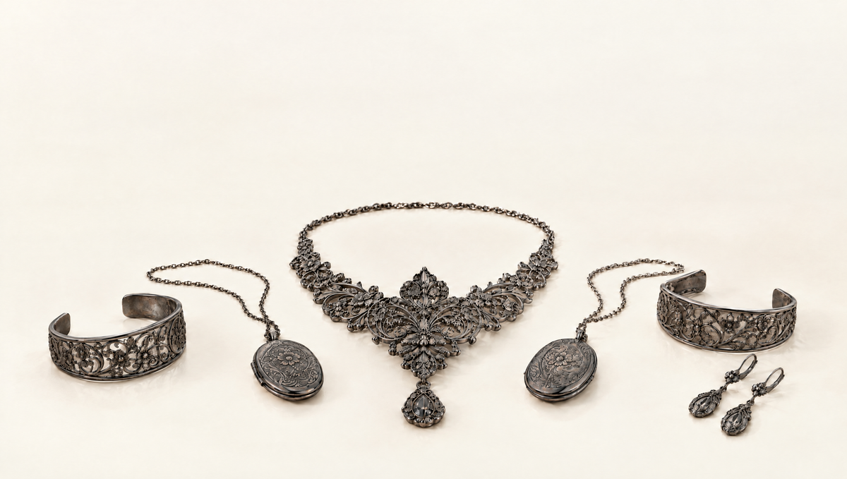 Tarnished filigree silver necklace, lockets, cuffs and earrings